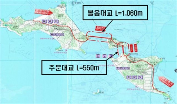 강화도 앞 섬인 주문도 볼음도 연결대교 위치도.